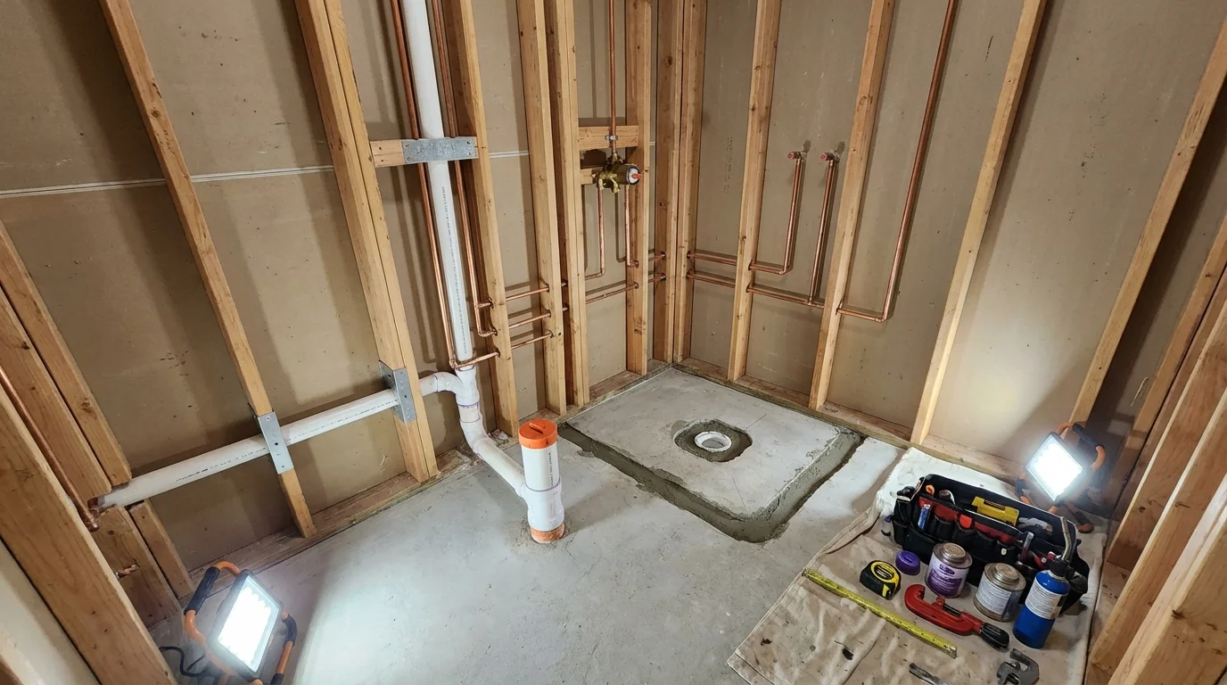 Bathroom rough-in plumbing during remodel by Johns Plumbing LLC in Duck Hill