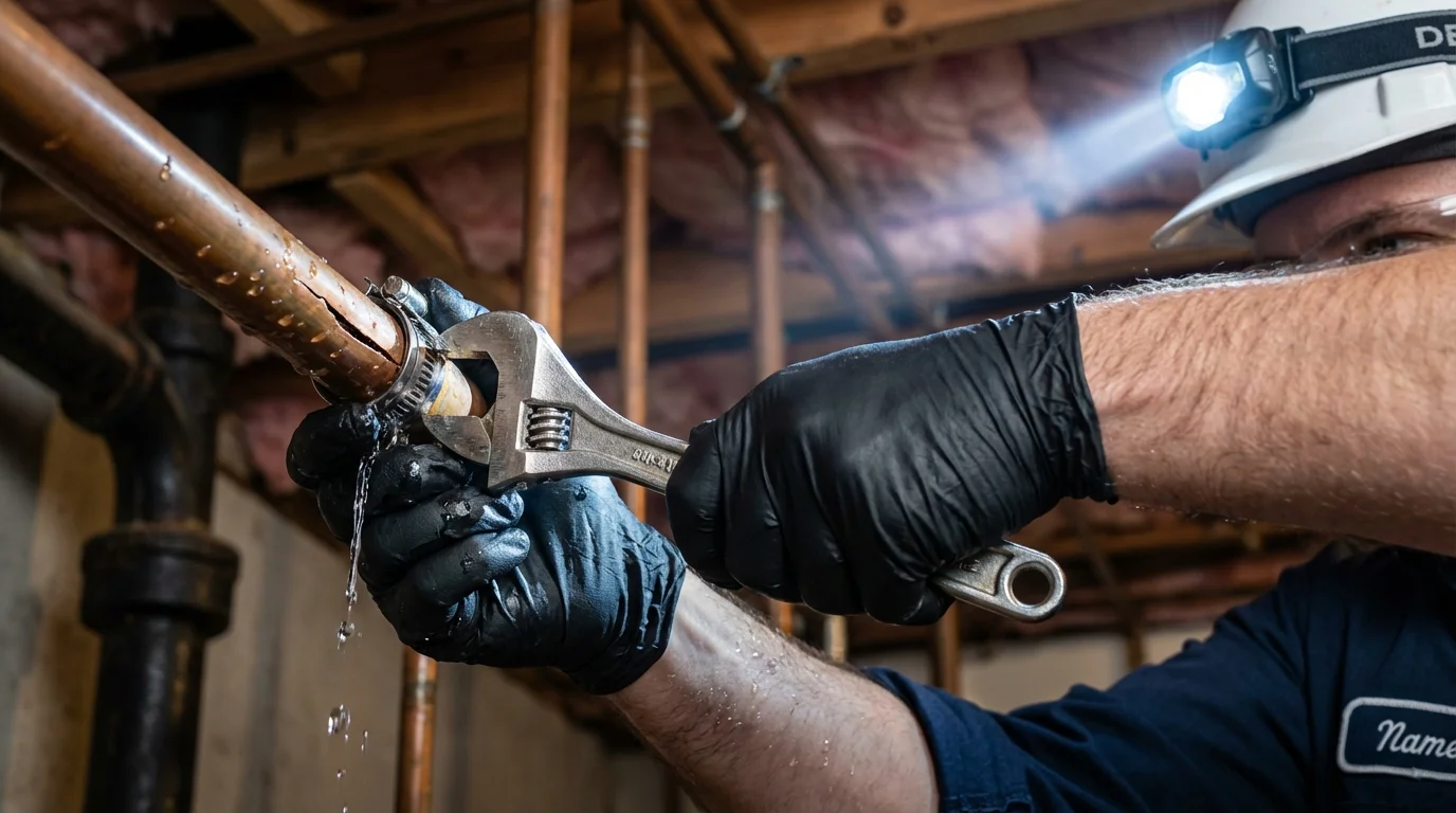 Emergency pipe clamp repair being performed by a Johns Plumbing LLC plumber in Duck Hill