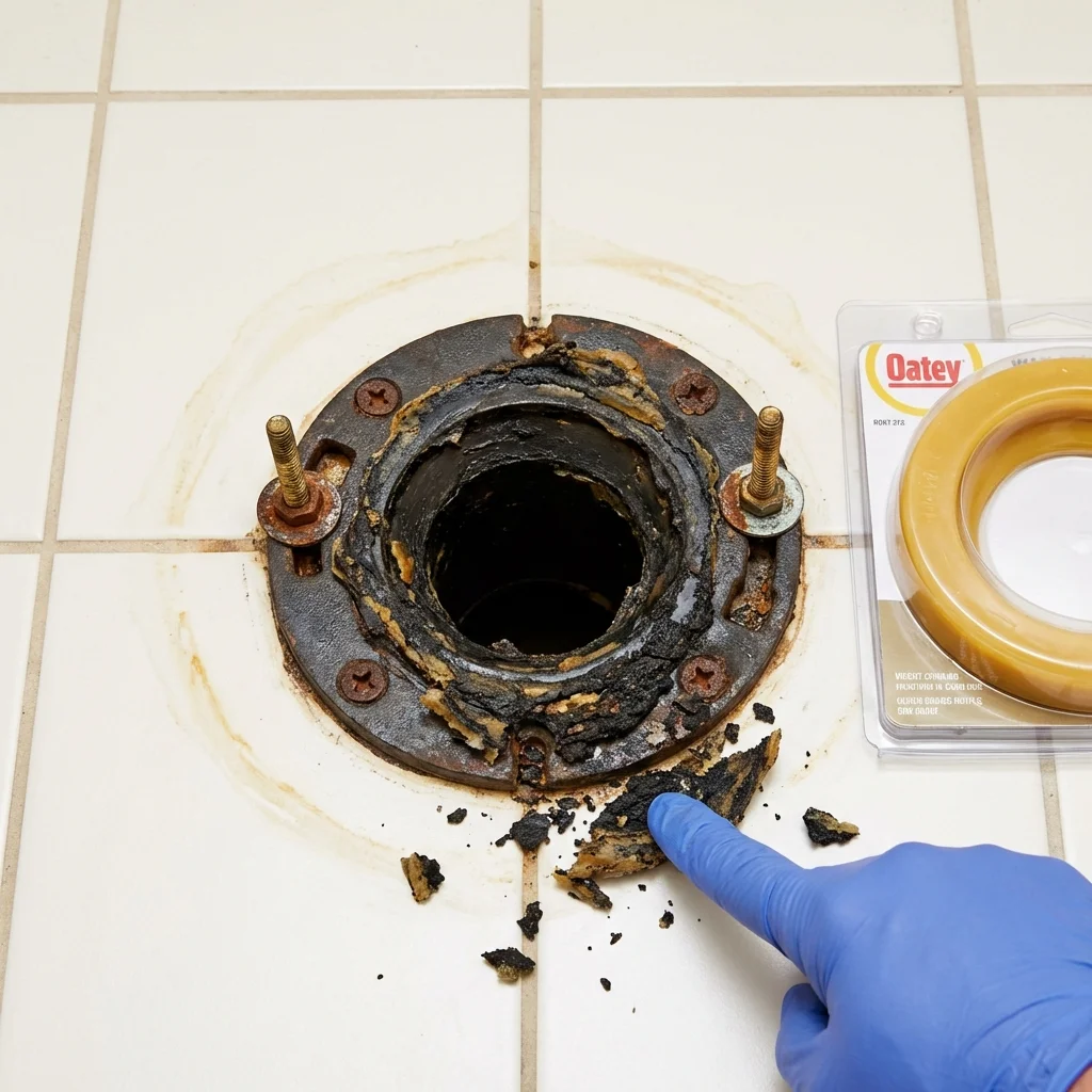 Failed wax ring showing water seepage at the base of a toilet in a Duck Hill, MS home