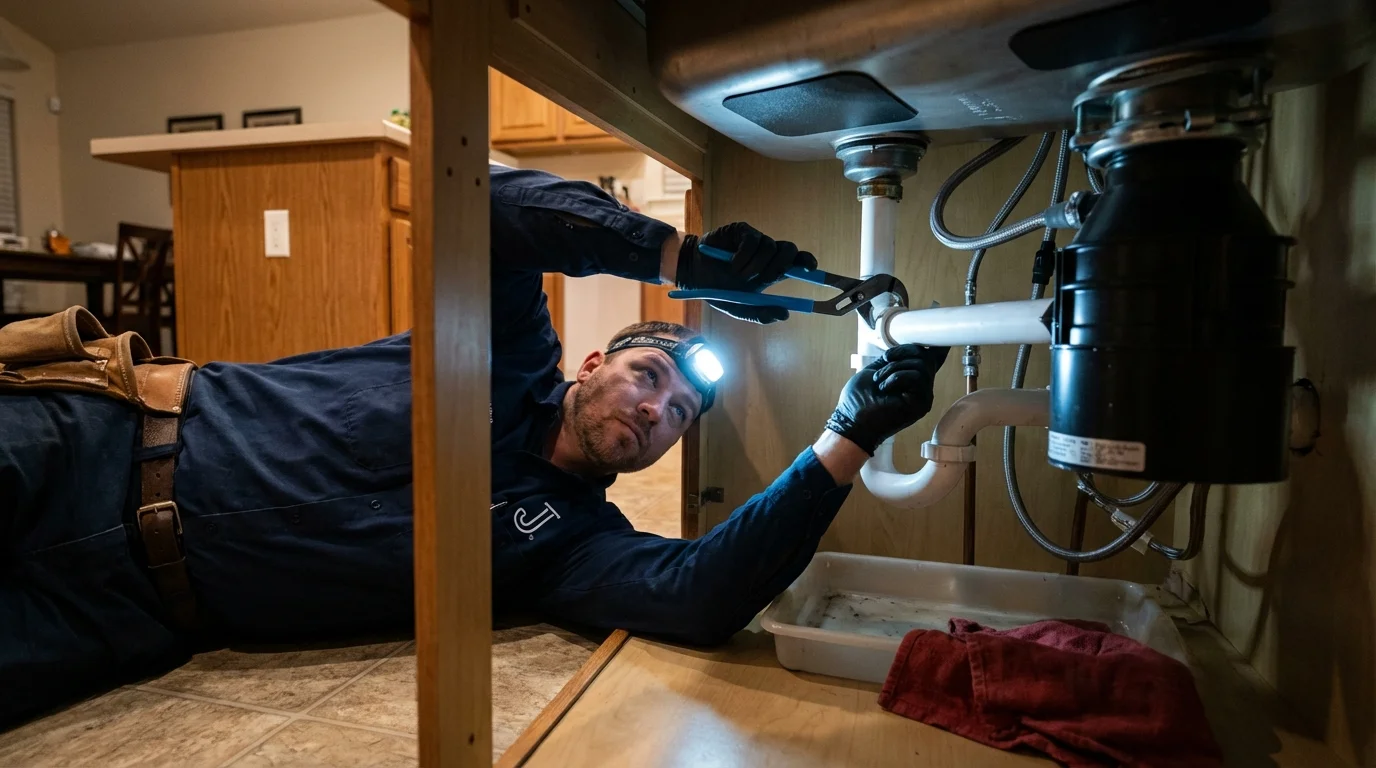 P-trap and supply line connections under a kitchen sink showing a common leak point in Duck Hill, MS